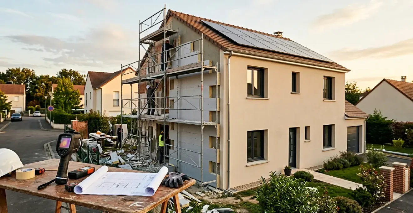 Maison moderne en cours de rénovation énergétique montrant isolation et diagnostics