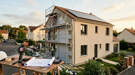 Maison moderne en cours de rénovation énergétique montrant isolation et diagnostics