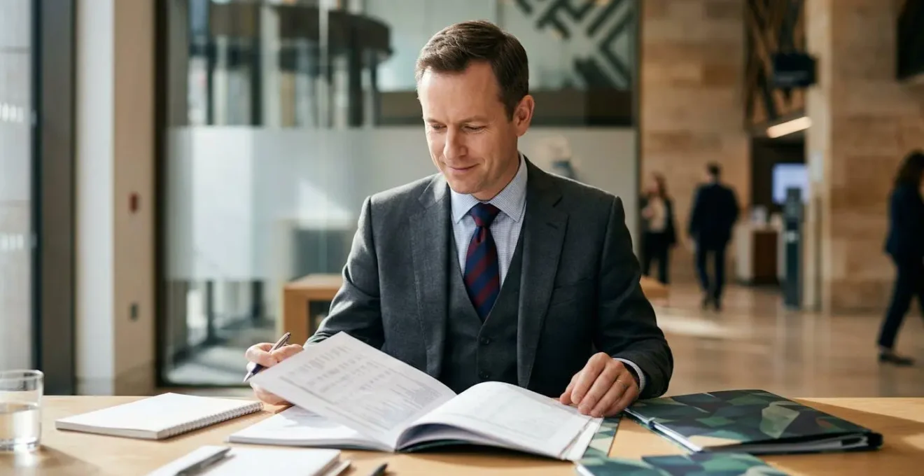 Professionnel bancaire analysant un dossier financier avec des graphiques de performance