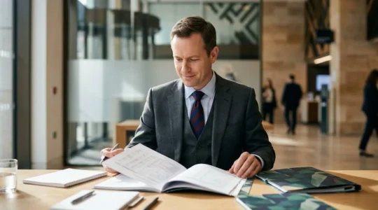 Professionnel bancaire analysant un dossier financier avec des graphiques de performance