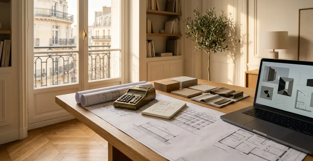 Bureau avec documents fiscaux et plans de rénovation pour un investissement immobilier ancien