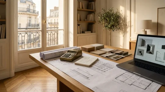 Bureau avec documents fiscaux et plans de rénovation pour un investissement immobilier ancien
