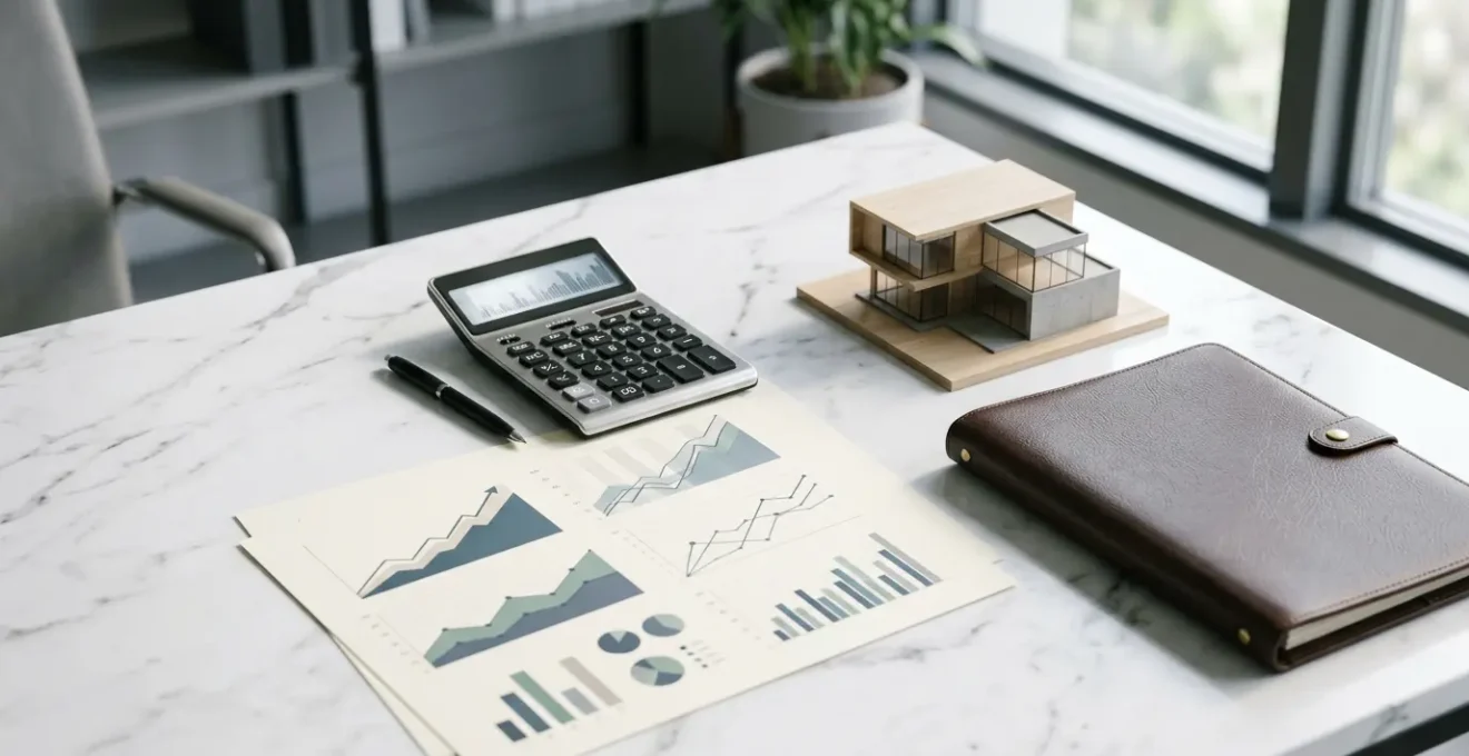 Vue en plongée d'un bureau moderne avec calculatrice, graphiques de rendement et maquette de maison