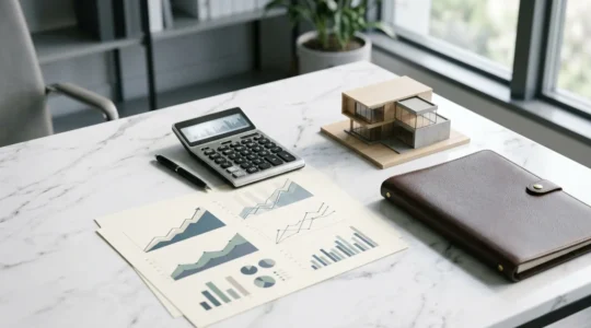 Vue en plongée d'un bureau moderne avec calculatrice, graphiques de rendement et maquette de maison