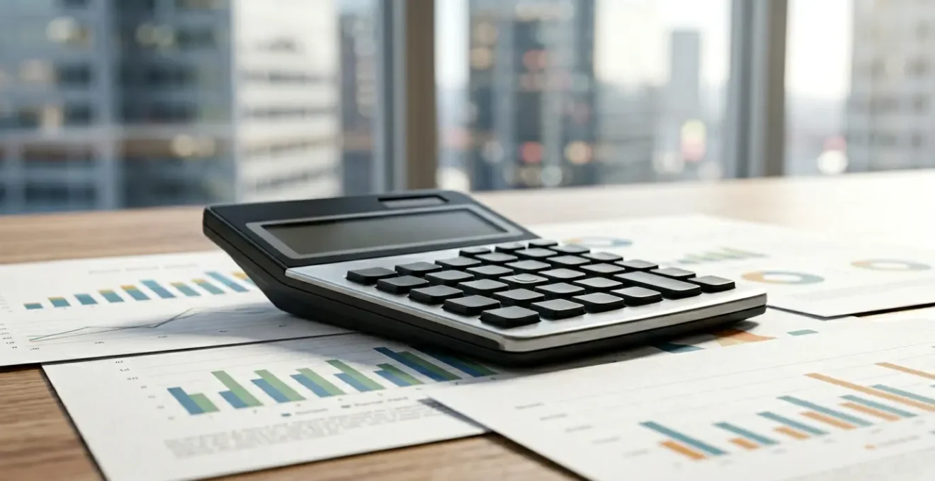 Calculatrice posée sur des documents financiers avec graphiques de rentabilité immobilière