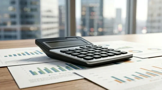 Calculatrice posée sur des documents financiers avec graphiques de rentabilité immobilière