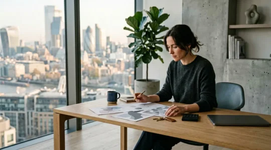 Vue moderne d'un investisseur devant un tableau de bord financier analysant la rentabilité locative