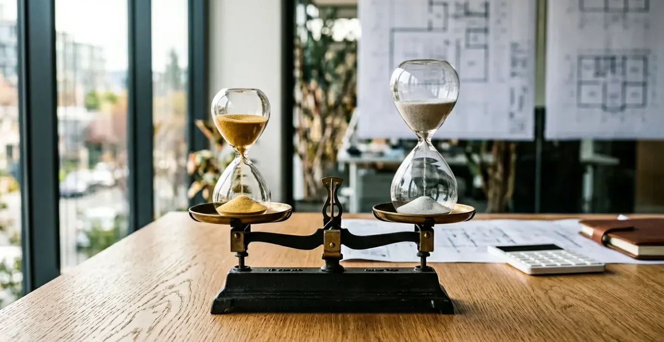 Comparaison visuelle des durées d'amortissement de prêt immobilier avec balance et sabliers