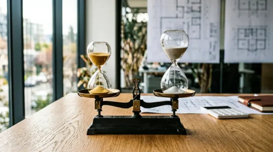 Comparaison visuelle des durées d'amortissement de prêt immobilier avec balance et sabliers