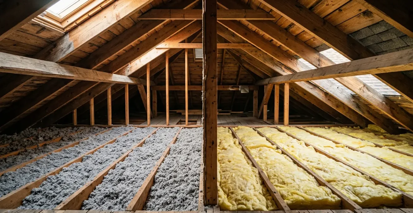 Comparaison visuelle entre la ouate de cellulose et la laine de verre pour l'isolation des combles