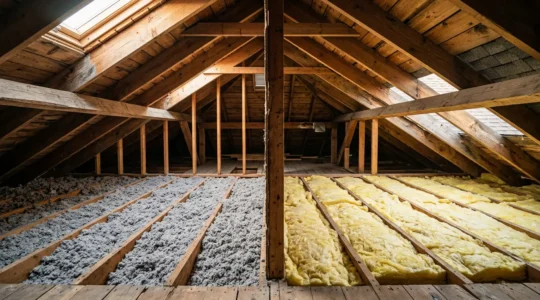 Comparaison visuelle entre la ouate de cellulose et la laine de verre pour l'isolation des combles