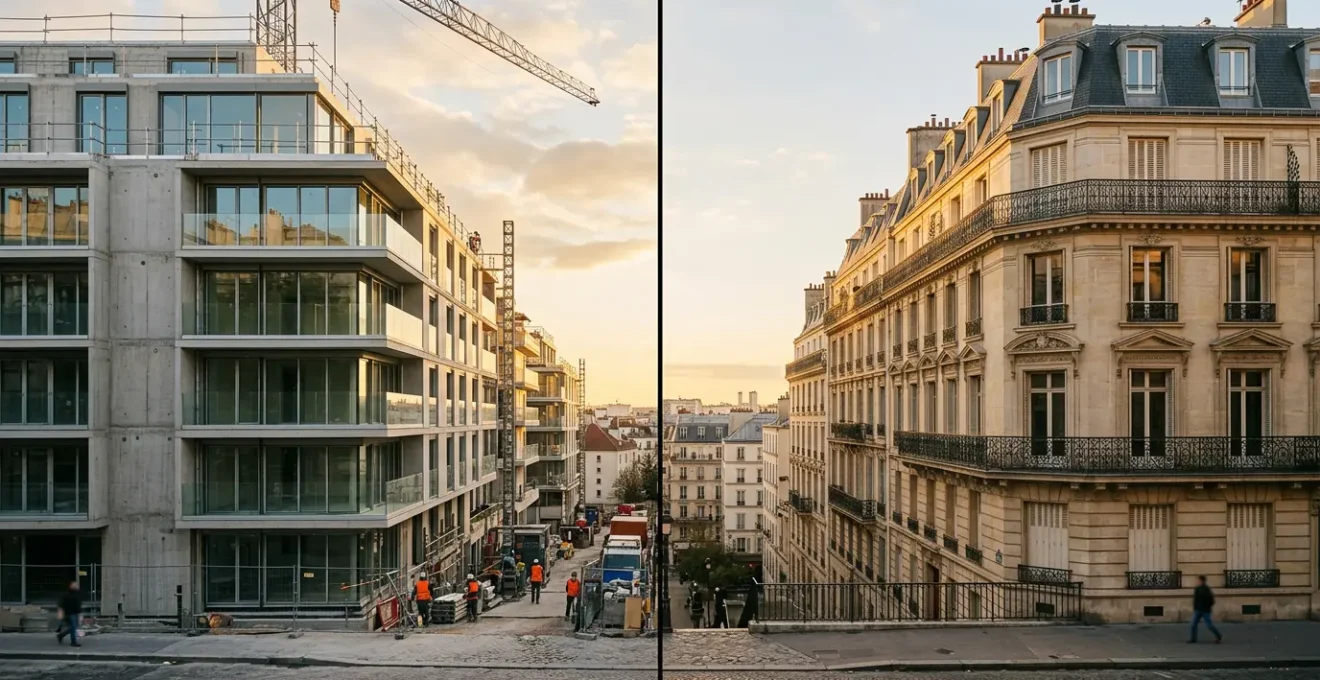 Comparaison visuelle entre un immeuble moderne Pinel Plus et un bâtiment ancien représentant le dispositif Pinel classique