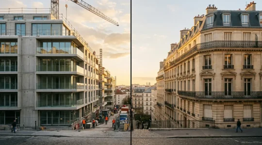 Comparaison visuelle entre un immeuble moderne Pinel Plus et un bâtiment ancien représentant le dispositif Pinel classique