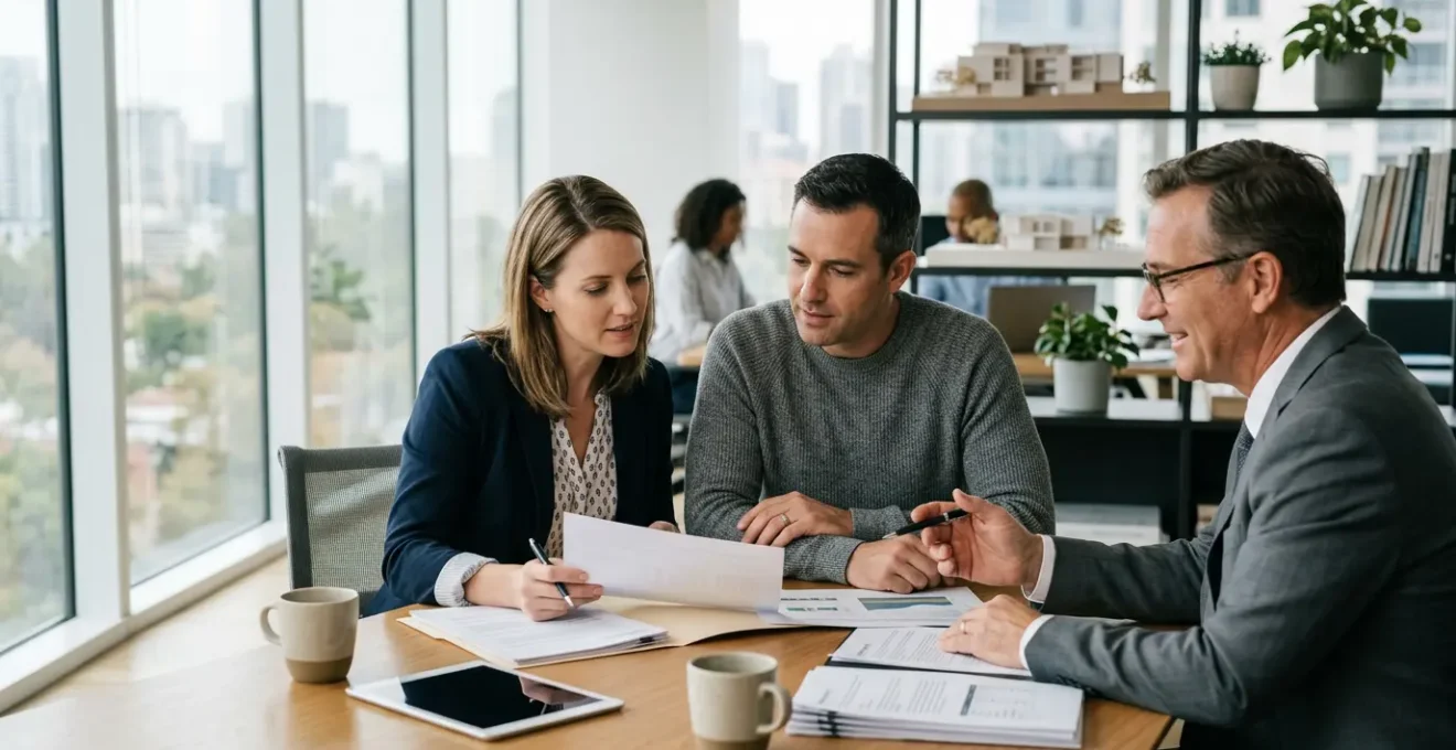 Couple consultant des documents immobiliers avec conseiller dans un bureau lumineux