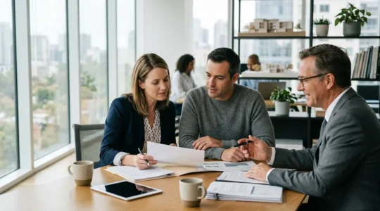 Couple consultant des documents immobiliers avec conseiller dans un bureau lumineux