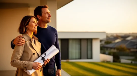 Un couple protégeant symboliquement leur maison et leur famille représentant la sécurité financière