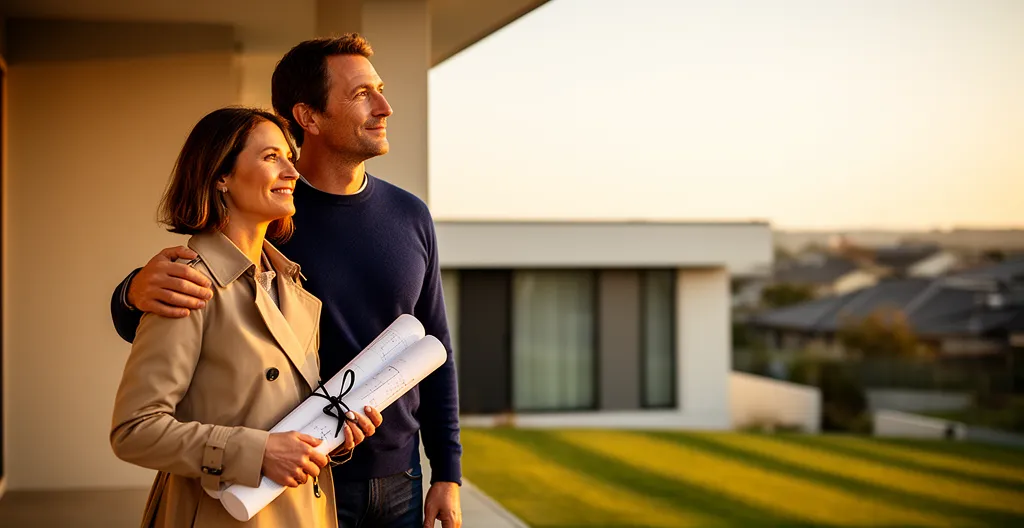 Un couple protégeant symboliquement leur maison et leur famille représentant la sécurité financière