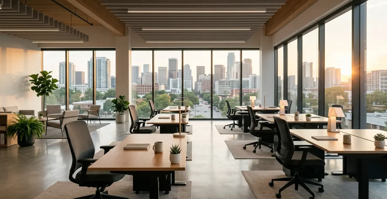 Vue moderne d'un espace de bureau professionnel équipé avec du mobilier haut de gamme financé en crédit-bail