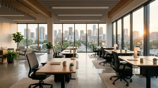 Vue moderne d'un espace de bureau professionnel équipé avec du mobilier haut de gamme financé en crédit-bail