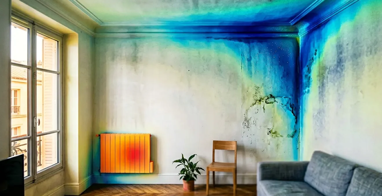 Diagnostic thermique d'une habitation montrant les zones de déperdition de chaleur et d'humidité