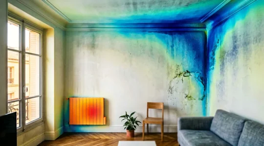 Diagnostic thermique d'une habitation montrant les zones de déperdition de chaleur et d'humidité