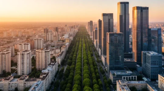 Vue aérienne d'un quartier moderne avec immeubles résidentiels et gratte-ciel financiers sous lumière dorée