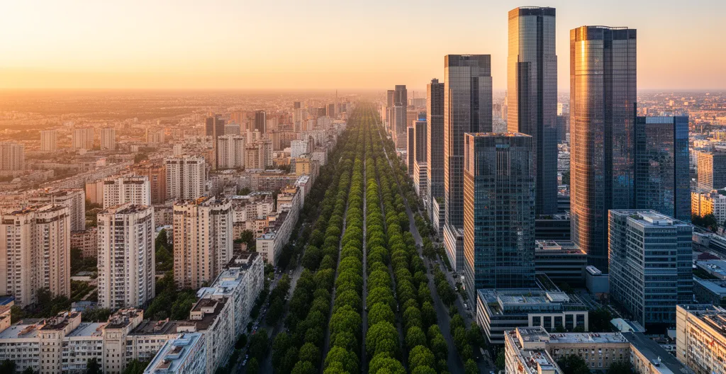 Vue aérienne d'un quartier moderne avec immeubles résidentiels et gratte-ciel financiers sous lumière dorée