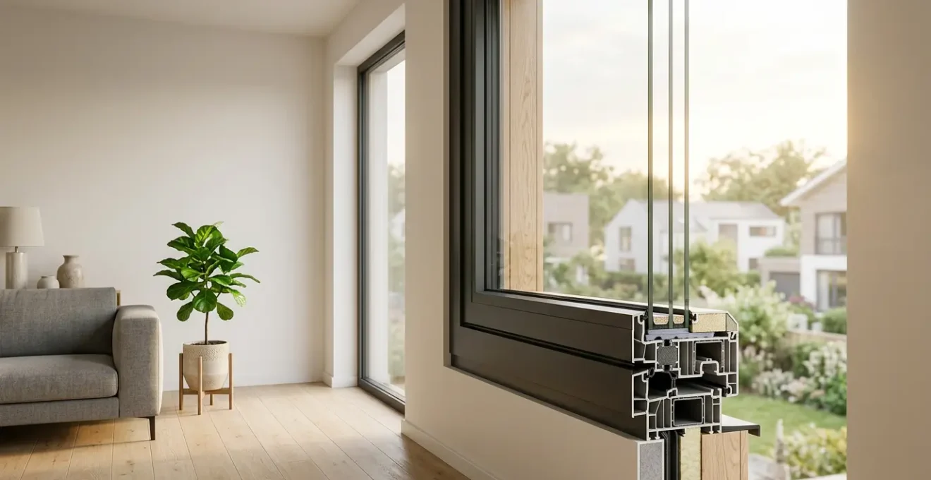 Vue en coupe d'un double vitrage avec gaz argon dans un intérieur moderne