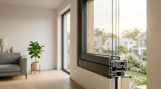 Vue en coupe d'un double vitrage avec gaz argon dans un intérieur moderne