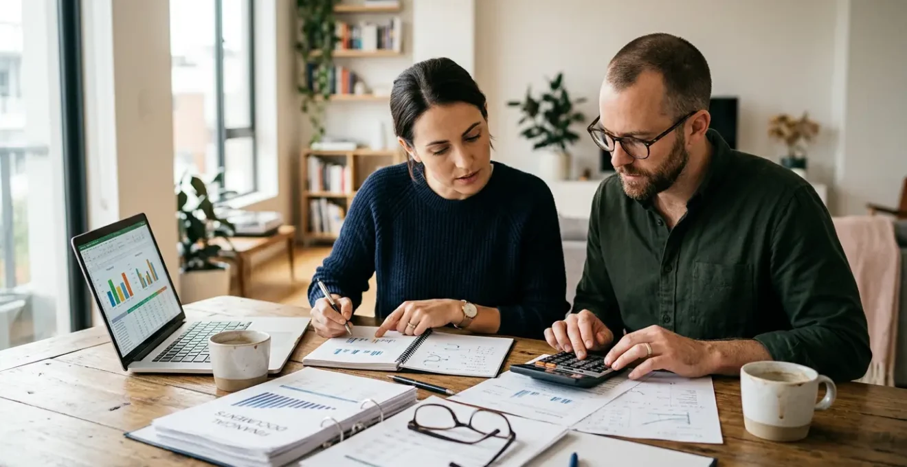 Couple calculant leur budget d'épargne mensuelle pour un investissement immobilier, documents financiers sur table