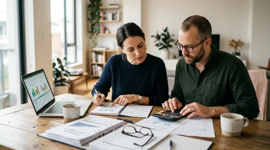 Couple calculant leur budget d'épargne mensuelle pour un investissement immobilier, documents financiers sur table