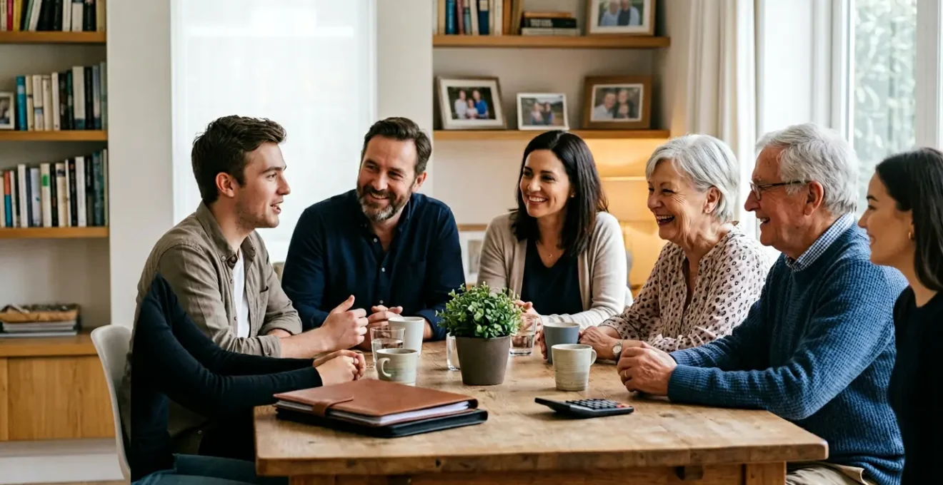 Famille multigénérationnelle discutant de la transmission du patrimoine autour d'une table