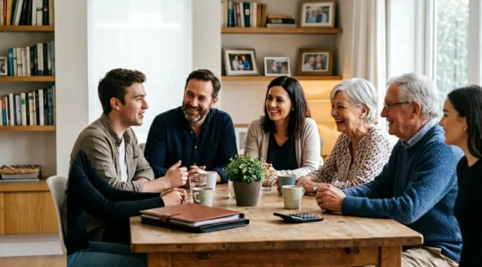 Famille multigénérationnelle discutant de la transmission du patrimoine autour d'une table