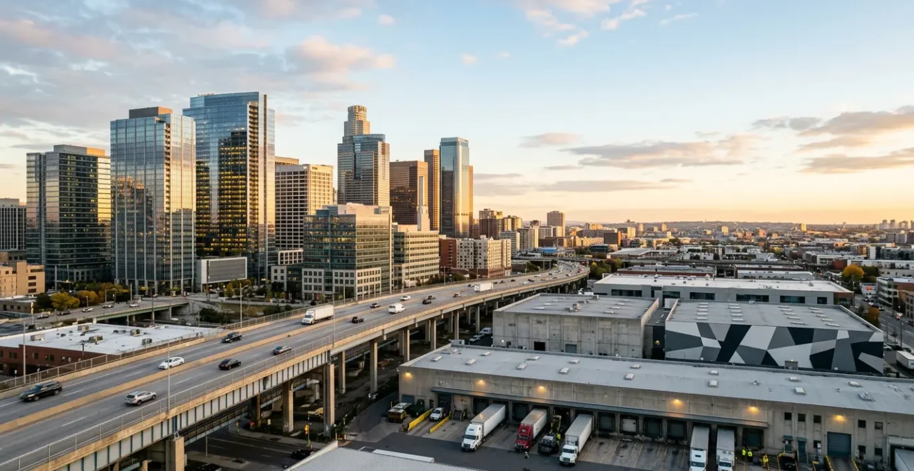Vue panoramique d'un quartier d'affaires moderne avec bureaux et entrepôts urbains
