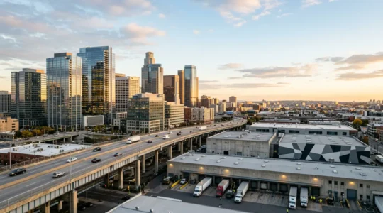 Vue panoramique d'un quartier d'affaires moderne avec bureaux et entrepôts urbains