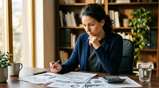 Personne analysant des graphiques de rendements financiers sur un bureau moderne avec documents d'assurance vie