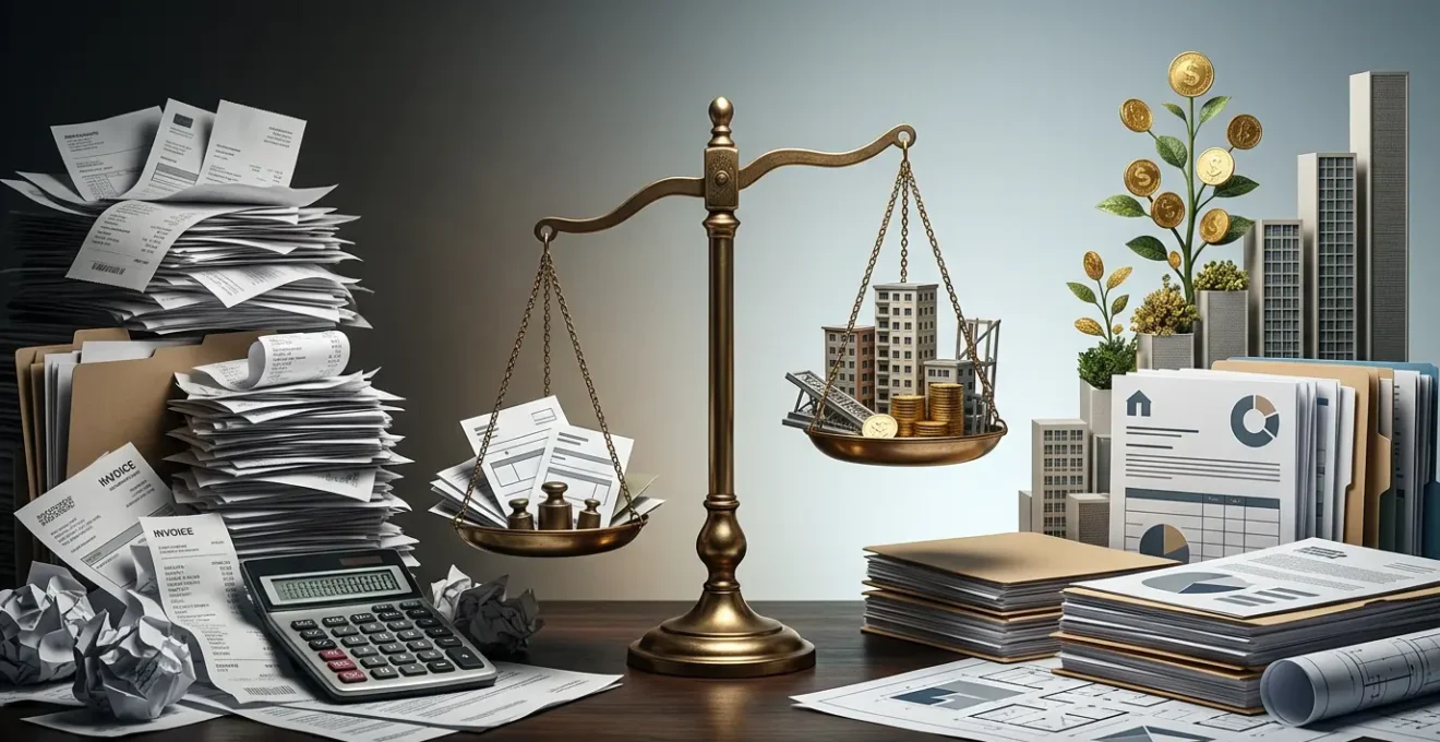 Investisseur analysant des documents fiscaux avec calculatrice et graphiques de rentabilité