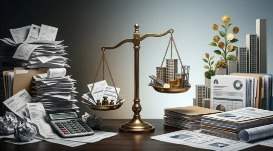 Investisseur analysant des documents fiscaux avec calculatrice et graphiques de rentabilité