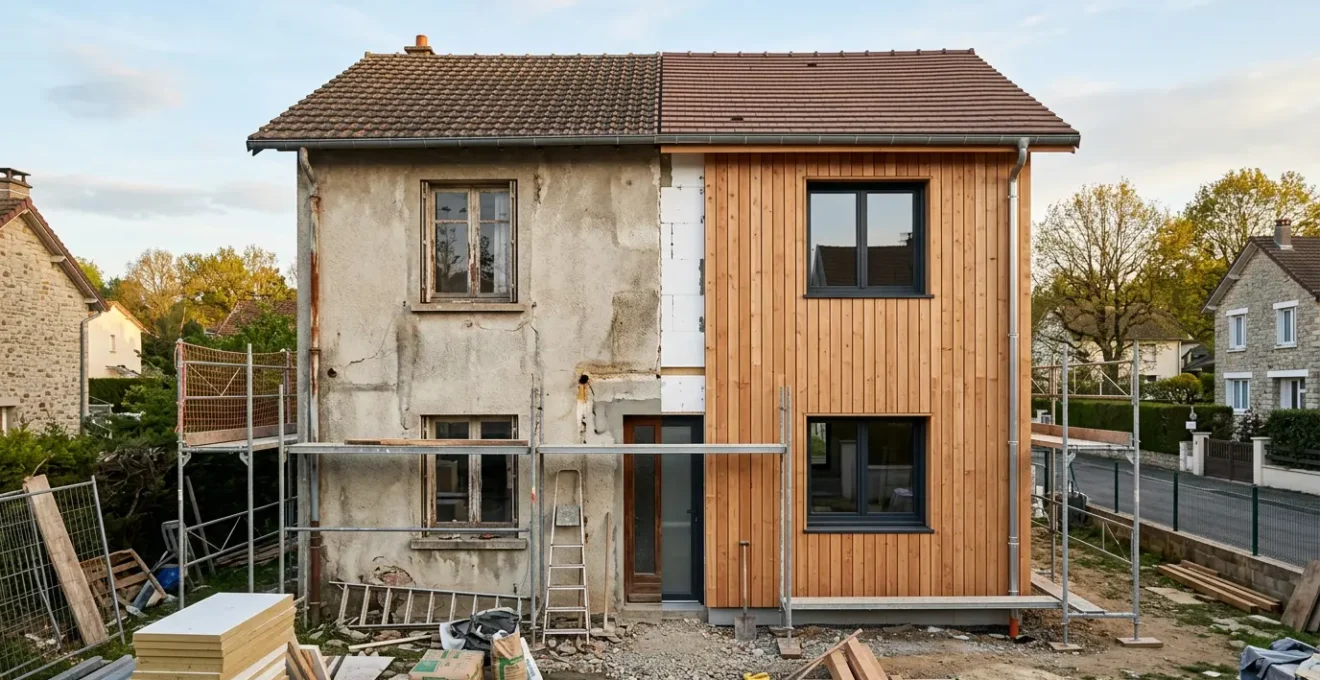 Vue architecturale d'une maison en cours d'ITE avec isolant et bardage bois sur la moitié de la façade