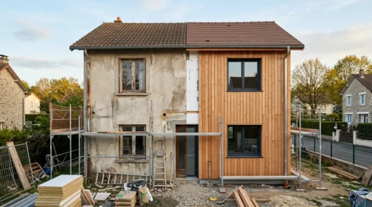 Vue architecturale d'une maison en cours d'ITE avec isolant et bardage bois sur la moitié de la façade