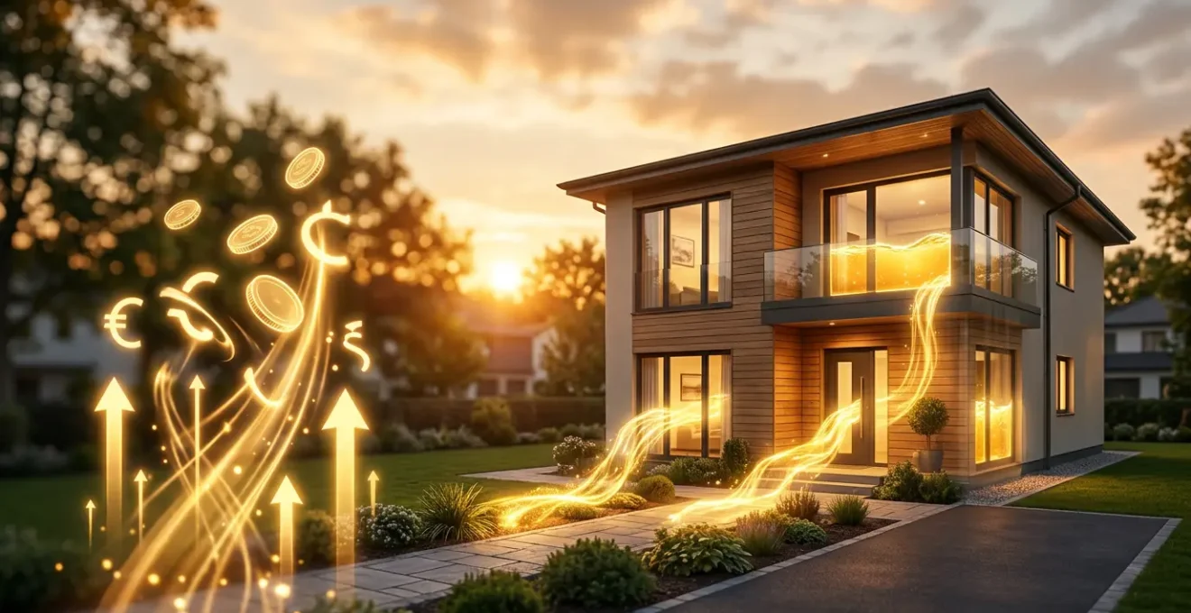 Maison moderne avec effet de transparence révélant des flux financiers sous forme de lumière dorée