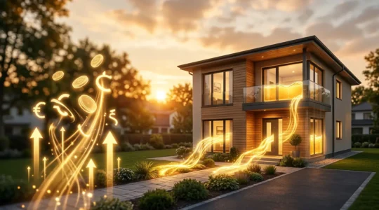 Maison moderne avec effet de transparence révélant des flux financiers sous forme de lumière dorée