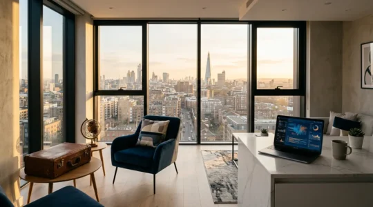 Appartement moderne avec vue urbaine symbolisant la location courte durée face aux nouvelles régulations