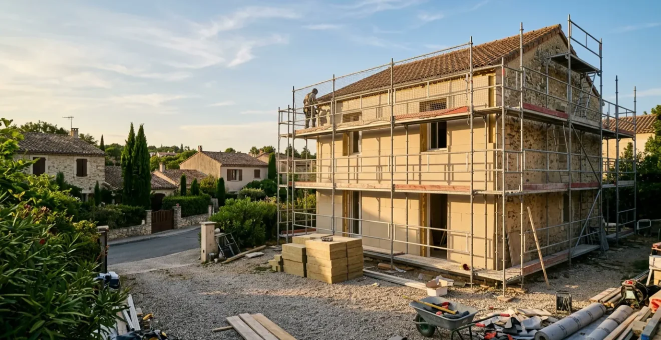 Vue extérieure d'une maison française en cours de rénovation énergétique avec échafaudages et matériaux d'isolation, baignée dans une lumière dorée d'après-midi