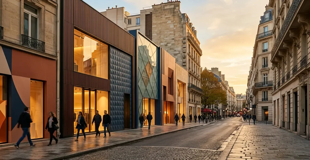 Façade commerciale moderne en centre-ville avec vitrines élégantes