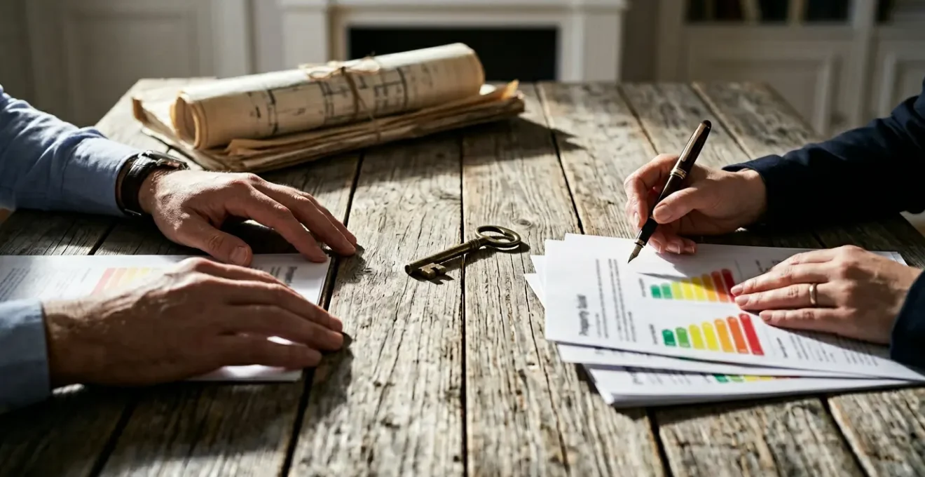 Vue d'une négociation immobilière avec documents énergétiques sur une table en bois