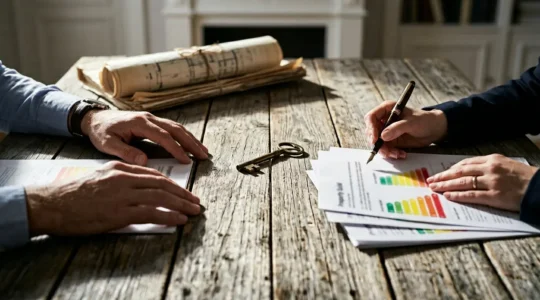 Vue d'une négociation immobilière avec documents énergétiques sur une table en bois