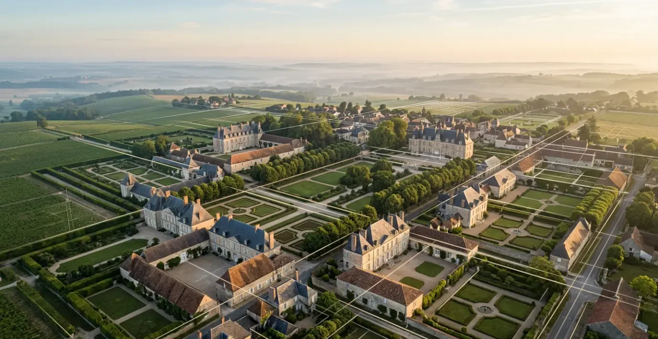 Vue aérienne élégante de biens immobiliers avec éléments symbolisant l'optimisation fiscale et le patrimoine