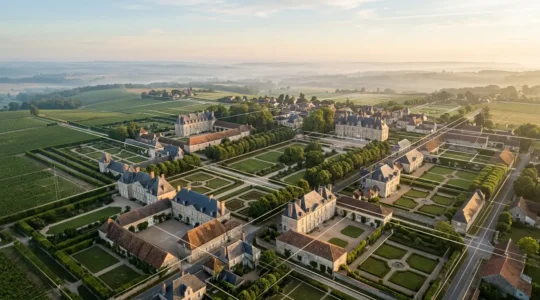 Vue aérienne élégante de biens immobiliers avec éléments symbolisant l'optimisation fiscale et le patrimoine