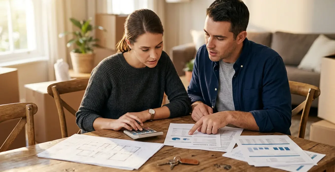 Couple analysant des documents financiers pour leur premier achat immobilier avec calculatrice et plans d'architecte sur une table en bois